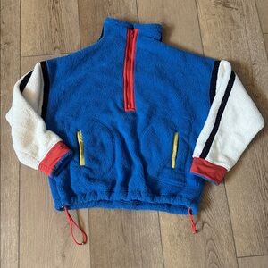 Blue and White Fleece Pullover with Red Accents
